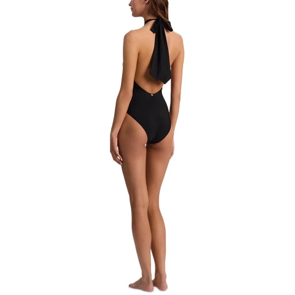 Alice and Olivia x PQ Swim Black Cross Front One Piece Halter Swimsuit Large NEW